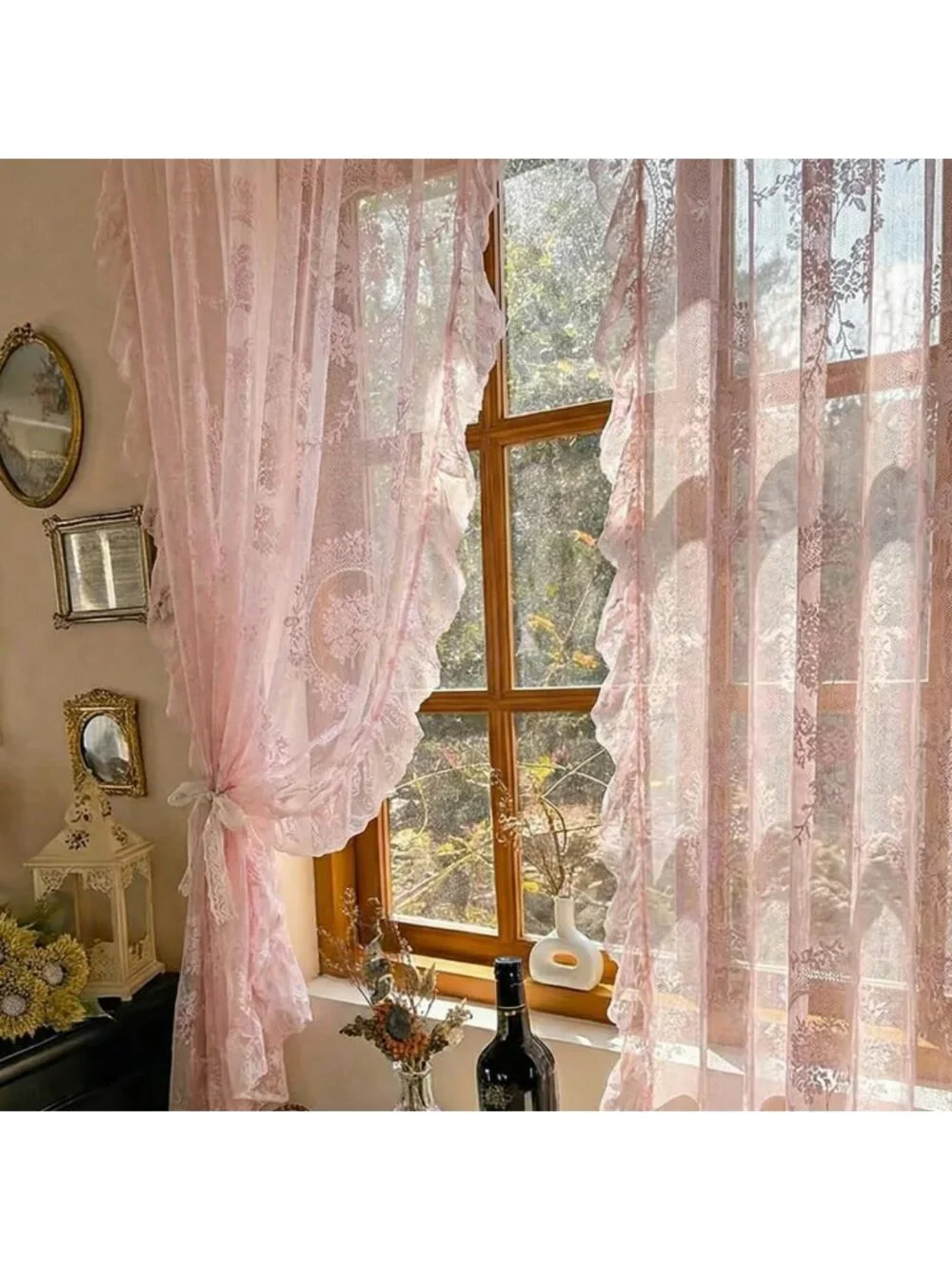 102” Pink Lace Curtains Set - Vintage Boho Sheer Floral Embroidery Window
